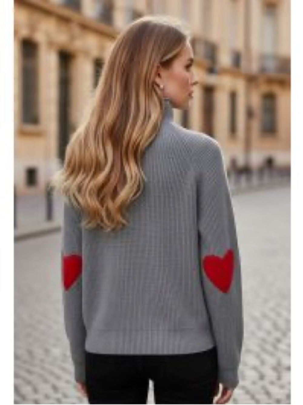 Chicwish Gray Turtleneck Sweater with Red Heart Elbow Patches